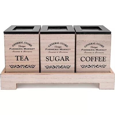 Wooden Kitchen Farmhouse Retro Tea Coffee Sugar 3 Piece Canister Set With Stand • £22.99