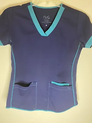 NRG By Barco Stretch Medical Uniform Scrub Top Navy Cyan V Neck  • $11.86