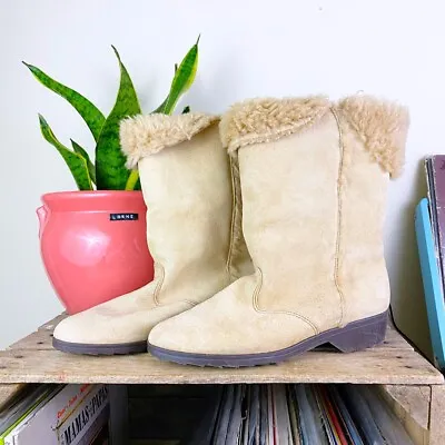80s Vintage Light Tan Suede Sherpa Lined Hush Puppies Boots • $18