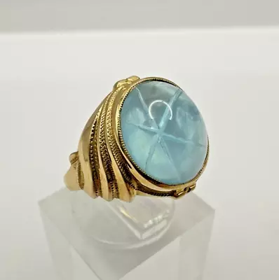 Vintage 10k Gold Pale Blue Faux Star Sapphire Carved Glass Ring ~1.75 Dwt SZ4.75 • $149.99