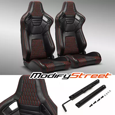 $318.98 • Buy 2 X MAIN BLACK+RED STITICHING PVC LEATHER L/R Reclinable RACING SEATS + SLIDER