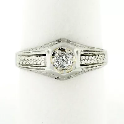 Antique Art Deco Engraved 18k White Gold 0.32ct Mine Cut Diamond Solitaire Ring • $876.80