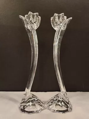 FLOWER SONG Mikasa Lead Crystal Curved 10  High Candlestick Pair Petal Design • $16.50