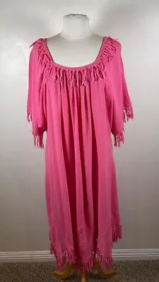 Vintage Pink Fringe Crinkle Gauze 100% Cotton Tent Dress W Fringe Hemline Handen • $32