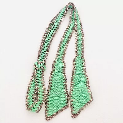 Unique Vintage Gold-Green Glass Seed Bead Tie Necklace  P108 • $22
