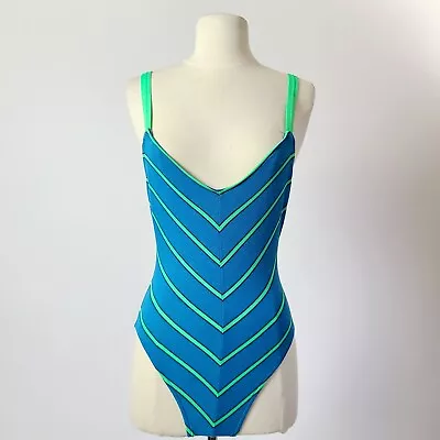 VTG 80s Does 60s Mod COLE OF CALIFORNIA Blue Green Chevron ONE PIECE SWIMSUIT XS • $50