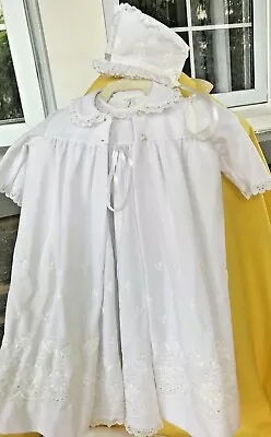 Vintage Madonna Haddad Christening Dress Coat Slip Hat White Embroidered 4 Piece • $39.99