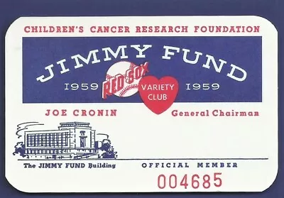 Ted Williams 1959 JIMMY FUND CHILDRENS CANCER RESEARCH FOUNDATION MEMBER CARD MT • $20