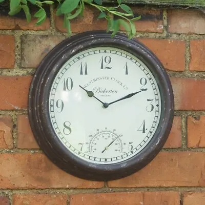 12  Garden Clock Thermometer Distressed Outdoor Weather Resistant Decorative • £16.99