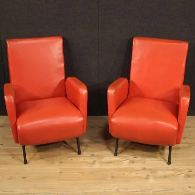 Pair Of Armchairs Chairs Furniture Red Faux Leather Modern Vintage Design 900 • $4250