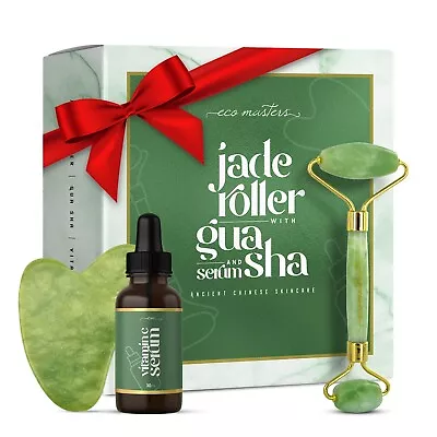 Gua Sha Jade Face Massage Roller For Anti-Ageing Skin Care With Vitamin C Serum • £24.49