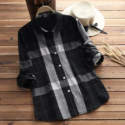 UK Womens Check Plaid Turndown Collar Casual Loose Tops Shirt Cardigan Plus Size • £11.38