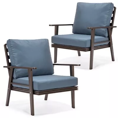 LeisureMod Walbrooke Outdoor Patio Brown Aluminum Armchairs Set Of 2 Navy Blue • $980.30