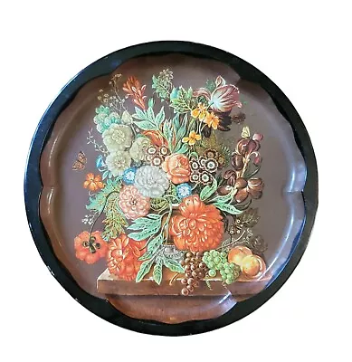 Vintage Round Daher MCM Decorative Metal Serving Tray Brown Orange Floral 12.5 • $8.99