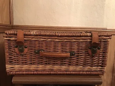 Vintage Wooden Woven Wicker Style Suitcase Picnic Basket Rattan Leather Closure • $40