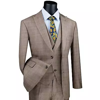 VINCI Men's Tan Glen Plaid 3 Piece 2 Button Modern Fit Suit W/ Peak Lapel NEW • $130