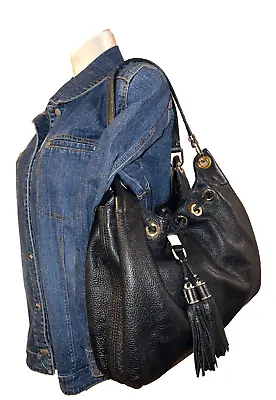 MICHAEL KORS Purse Black Pebbled Drawstring Tassell Accent Shoulder Bag Handbag • $24.99