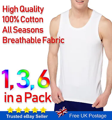 Men's Vests 100% Cotton Tank Top Gym Training White Plain S M L XL 2XL 3XL 4XL • £5.49