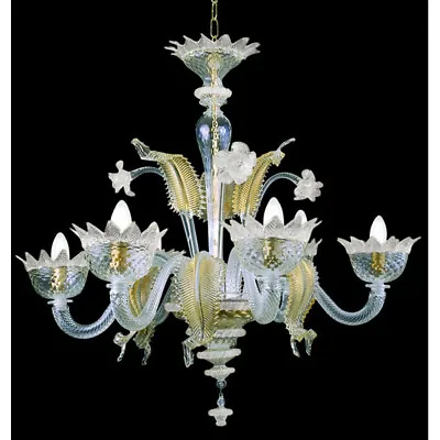 Muranese Chandelier In Murano Glass 6 Lights Crystal White And Gold • $790