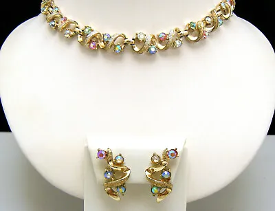 Vintage Coro Colorful AB Rhinestone Adjustable Necklace Clip On Earrings Set • $44.99