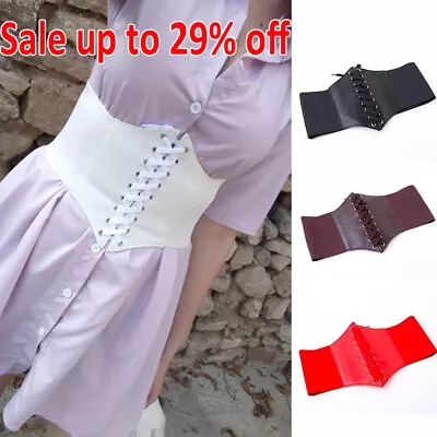 UK Ladies Waist Cincher Wide Band Elastic Tied Waspie Corset Leather Belt • £3.84