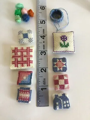 VTG Miniature Dollhouse Artisan Handmade Cross Stitch Needle Point Pillows OOAK • $100