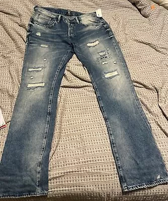 PRPS DEMON FIT Mens 36x32 Indigo Distressed Denim Button Fly Straight Jeans NWT • $75