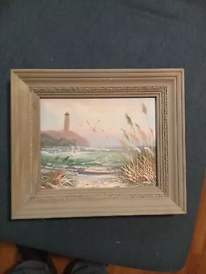 Vintage Framed Lighthouse Oil Painting Signed 12x14 • $21.50