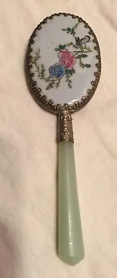 Vintage Small Faux Jade Handle Hand Mirror Enamel Painted Porcelain Back • $14.95