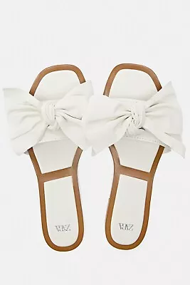 New Zara Flat Leather Sandals With Bow LEATHER SLIDES Shoes Size 4 37 White • £27.99