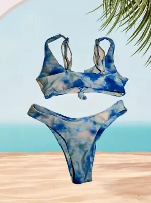 $15.99 • Buy ZAFUL Tie Dye Dual Strap KNOT FRONT Retro Bikini Swimwear Blue Pink Green MEDIUM