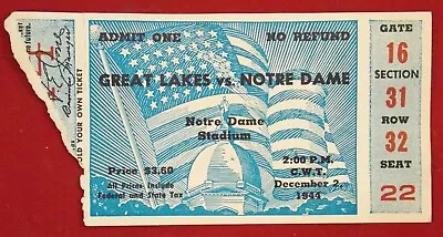 $30 • Buy Vintage Dec. 2 1944 Great Lakes Naval Station Vs Notre Dame Football Ticket Stub