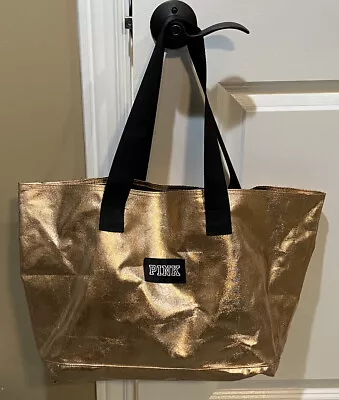 Victorias Secret Metallic Tote Beach Bag Oversize Purse - Peach Shimmer/Black • $5.99