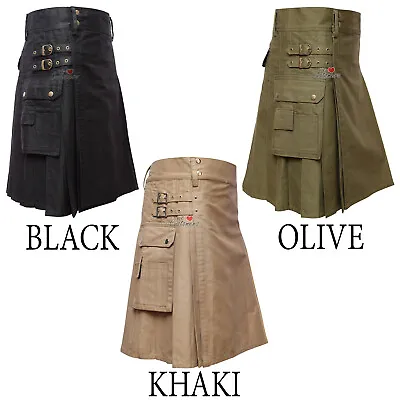 $31 • Buy New Men's Cotton Jean Utility Kilts Black, Khaki, Olive 3 Cargo Pockets -WLC