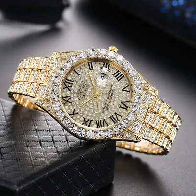 2023 Iced Out Hip Hop Mens Boys Luxury Diamond Date Quartz Bling Watch Gifts • £11.99