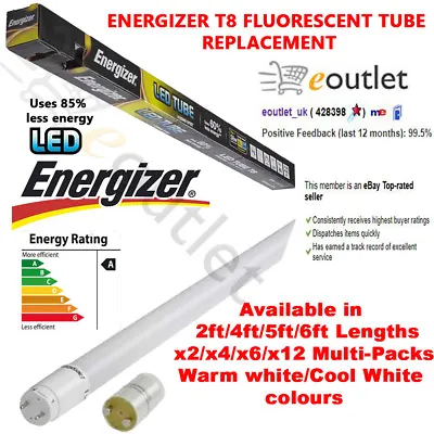 Energizer T8 T12 Led Tube Light Tubes Fluorescent Replacement - 2ft/4ft/5ft/6ft • £9.50