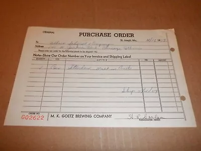 1959 M.K. GOETZ BREWING CO. PURCHASE ORDER To ALBERT SCHWILL & COMPANY MALT BEER • $12.95