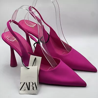 Zara Fuchsia Pink Satin Slingback Pointed Toe Heels Women’s Shoe Sz. 7.5 • $34.99