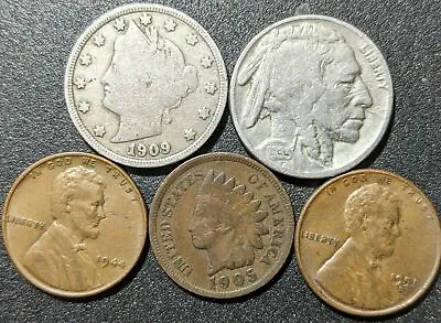 $5.99 • Buy Small U.S. Coin Lot Indian Head Cent V Nickel Buffalo Nickel And Two Wheaties
