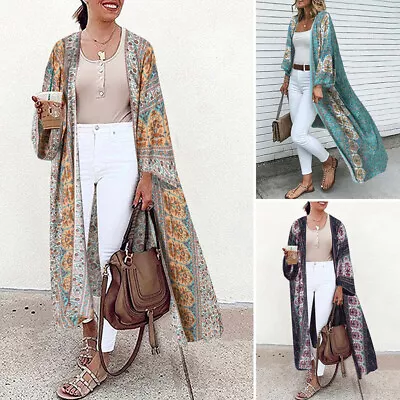 Summer Womens Floral Printed Casual Long Jackets Kimono Beach Casual Cardigan AU • $23.53