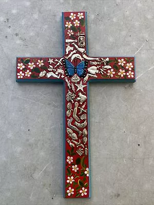 Mexican MILAGROS CROSS Wood Cross LG  17” X 11” Mexican Folk Art • $49.99