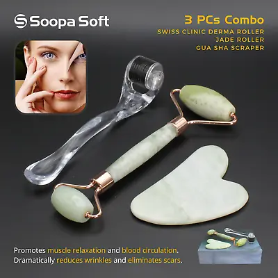 $21.10 • Buy Gua Sha Jade Roller & Derma Roller Anti Ageing Anti Wrinkle Facial Massage Set