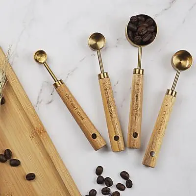 Stainless Steel Measuring Cups And Spoons Set Gold With Wooden Handle Metal • £9.54