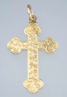 Lovely Antique Edwardian 9K Gold Byzantine Floral Cross Pendant Necklace 1905 • £381.50