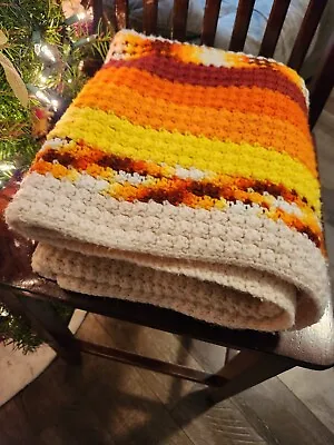 Vintage Grandma 70s Roseanne Crocheted Yellow Orange Throw Afghan Blanket 52x45 • $24