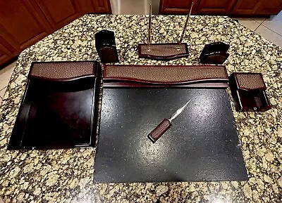 7 Piece Mahogany Wood And Leather Desk Stationary Set Pen Box Pad Letter • $107