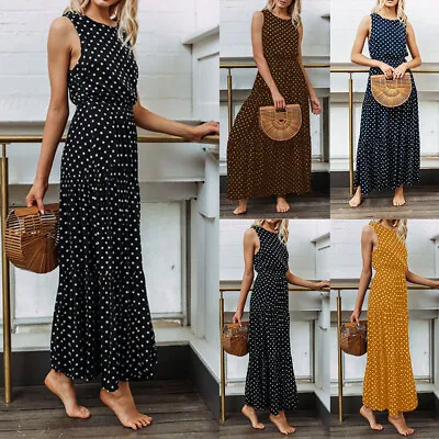 £14.89 • Buy Womens Polka Dot Sleeveless Maxi Dress Ladies Summer Beach Loose Pencil Sundress