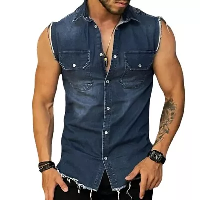 Men's Button Up Muscle Tank Top Tee Lapel Sleeveless Vest Denim T-Shirt Cardigan • $28.15