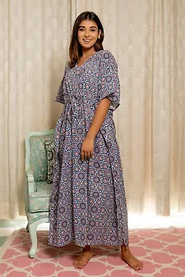 $43.99 • Buy Anokhi Indigo Cotton Kaftan Long Block Print Indian Gown Kimono Boho Maxi Dress