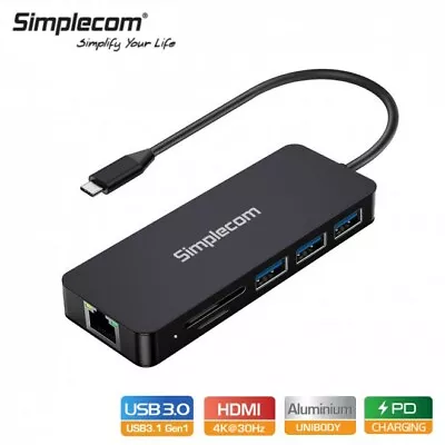 $59.95 • Buy Simplecom 8 In 1 USB C 3.2 Hub 8 Port 4K HDMI Gigabit Ethernet For Laptop Switch